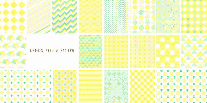 Collection of cheerful lemon yellow and mint green abstract geometric patterns and textures