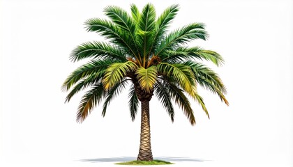 Isolated palm tree boasts vibrant green fronds and a textured trunk against a plain white backdrop, casting a soft shadow