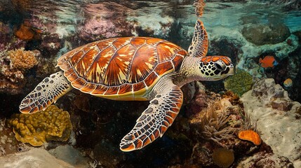 A majestic Eretmochelys imbricata (hawksbill sea turtle) gracefully gliding through the crystal-clear waters of a tropical coral reef. I