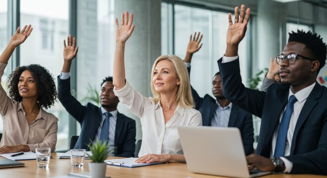 Diverse business team raising hands in corporate meeting for collaborative voting - Powered by Adobe