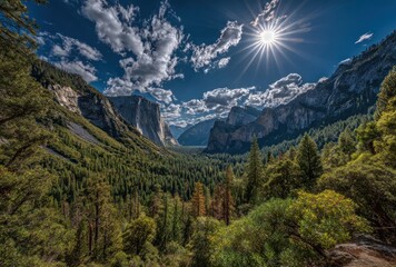 Verdant valley unfolds between majestic rock faces beneath a bright, sun-drenched sky, framed by lush, dense forest