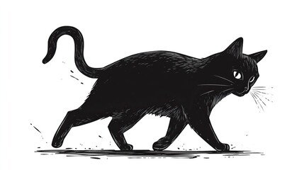 Cartoon black cat walking away, rear view, tail raised high, head turned back to look at viewer,