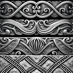 Intricate white decorative borders with swirling patterns and floral motifs on black flourish