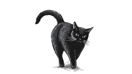 Cartoon black cat walking away, rear view, tail raised high, head turned back to look at viewe