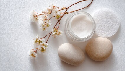 Serene Skincare Essentials with Blooming Cherry Blossom Branch on White.