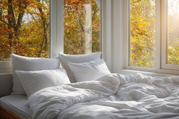 Cozy bedroom with white bedding and autumn foliage view.