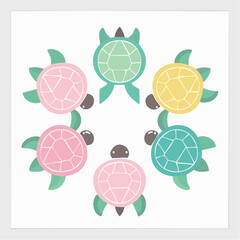 Six minimalist flat design sea turtles in soft pastel colors, arranged in a charming circular pattern. Simple aquatic icons perfect for nature-inspired and decorative designs