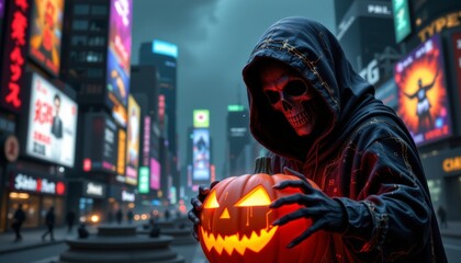 Obraz premium Halloween spectacle dark hooded skeleton clutches pumpkin in times square spooky night scene urban environment