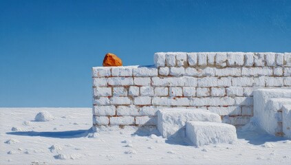 Orange tent on unique ice structure in vast white landscape under clear blue sky.