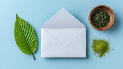 Green leaf and herbal powder with white envelope on blue background.