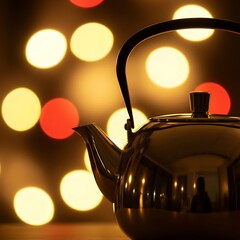Elegant teapot gleams against backdrop of warm glowing orbs atmosphere