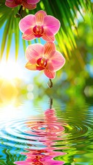 Two vibrant pink orchids hang above rippling water with a sun-drenched backdrop of foliage & blue sky, reflected in the water