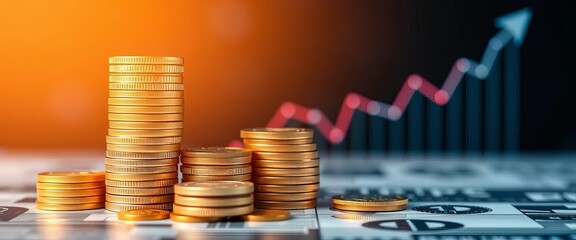 Stack of coins with upward trending financial graph, economy, financial