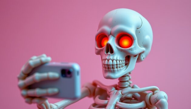 Halloween skeleton selfie fun indoor setting creative photography whimsical vibe close-up angle spooky concept