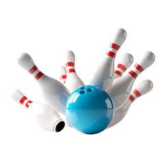 Dynamic Bowling Strike with Ball Hitting Pins, Isolated PNG with Transparent Background.