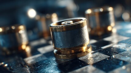 Elegant metal chess pawn on a weathered board displaying strength and strategy