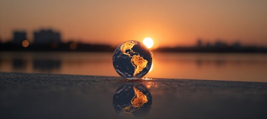 A glass globe rests on a surface, reflecting sunset hues and silhouettes of distant buildings, creating a serene, worldly ambiance
