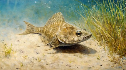 painting of Flounder on sea floor, sand, sea grass