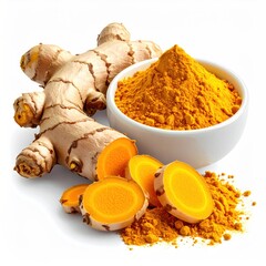Vibrant turmeric root, sliced pieces and turmeric powder piled into a white bowl on a white background, isolated, healthy & organic