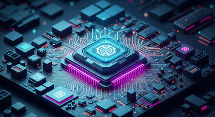 A vibrant, glowing CPU on a dark motherboard with intricate neon circuits, representing the core of advanced AI and quantum computing technology of the future