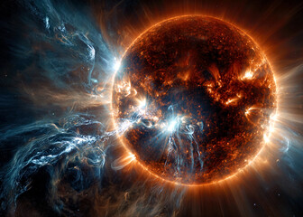 Vibrant solar flares erupt from the surface of a radiant sun, illuminating the dark expanse of space. This breathtaking scene captures the dynamic beauty of our solar system.