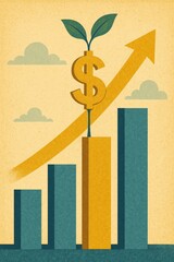 Growth Concept with Plant and Dollar Symbol on Business Graph in Retro Style