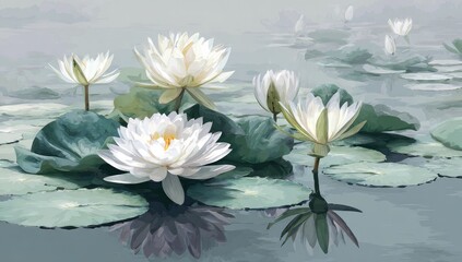 Serene White Water Lilies Blooming on Calm Pond Water.