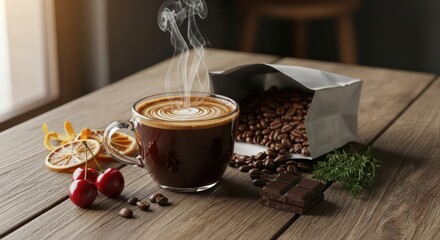 Steaming coffee with latte art, cherries, dried oranges, chocolate, and coffee beans on a wooden table