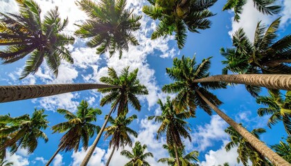 Perspective View of Tall Palm Trees with Green Fronds Against a Partly Cloudy Blue Sky on a Bright Sunny Day
