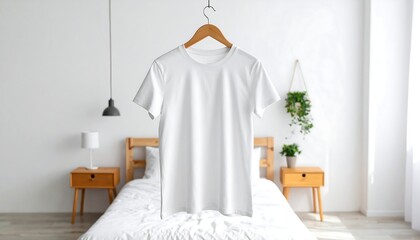 White t-shirt on hanger in bedroom