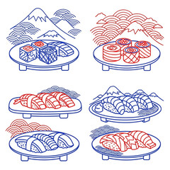 Six plates of sushi with mountain and wave designs in red and blue line art. © Rizky Republik