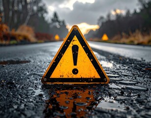Exclamation mark sign reflects on wet asphalt road amid blurring trees under a stormy sky hinting at travel and environmental warnings
