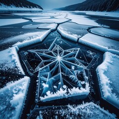 Frozen lake with star-shaped ice fracture, surrounded by snow and mountains under a cloudy sky, cold and pristine nature scene