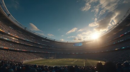 A packed football stadium at sunset, with thousands of fans watching a game under a dramatic, cloudy sky
