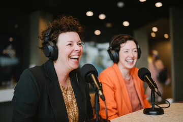 Two women wearing headphones laugh and speak into microphones while recording a podcast in a modern studio