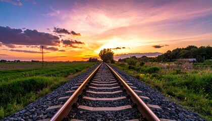 Railroad Tracks Stretch Towards a Vivid Sunset with Lush Green Fields and Distant Trees Under a Colorful Sky with Clouds and Warm Light