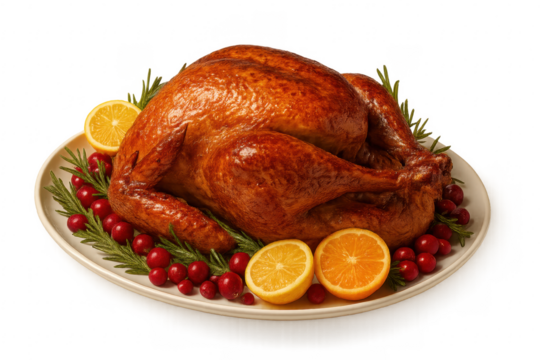 Roasted turkey garnished with cranberries, oranges and rosemary on transparent background