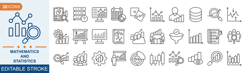 A set of line icons related to mathematics and statistics. Math, statistics, graph, calculate, curves, science, measurement, and so on. Vector editable stroke eps 10