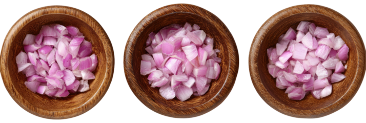 Three wooden bowls filled with diced red onions (1)