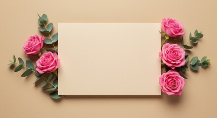 Floral card mockup featuring pink roses and eucalyptus on a neutral background