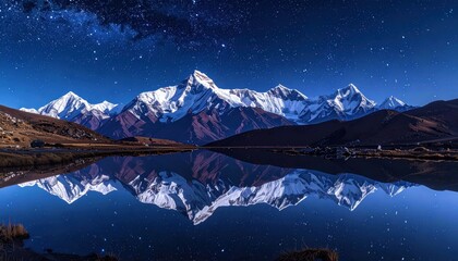 Mountain peaks covered in snow reflect in a clear lake under a starlit sky, creating a breathtaking symmetrical landscape