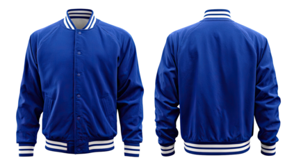 Full view of a vibrant royal blue baseball jacket, front and back