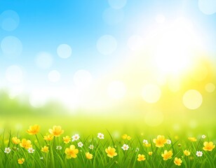 Sunny meadow with yellow and white flowers under a bright blue sky with bokeh lights, creating a refreshing and vibrant scene