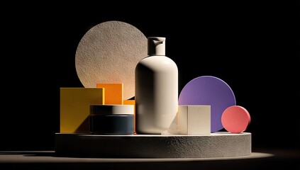 Minimalist beauty product arrangement with geometric shapes and soft lighting.