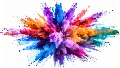 A vibrant, dynamic explosion of colored powder radiates outwards against a clean white background