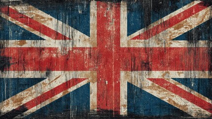 Fototapeta premium A distressed, vintage-style Union Jack flag with weathered textures and faded colors, evoking a sense of history and heritage