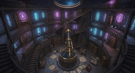 Intricate Observatory Interior with Spiral Staircases, Telescope, and Stained Glass Windows