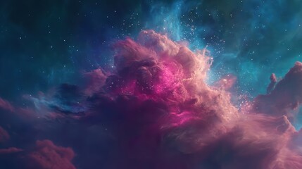 Fototapeta premium Vibrant cosmic clouds in pink and blue hues swirl against a starry night sky, creating a dreamy and ethereal atmosphere