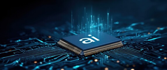 Close-up of a computer chip with the letters "ai" on it, surrounded by circuit board details, with blue light streams emitting upwards