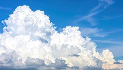 Expansive white clouds, billowing against a vibrant blue sky, casting shadows below. Sky is clear above, with a hint of haze lower